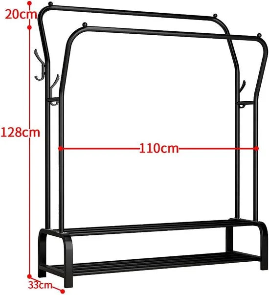Kledingrek zwart metaal - Kleding rek metaal met kledinghangers - Kledingrek dubbel met schoenenrek - Opbergrek voor kleding - Garderoberek met 2 kledingstangen - Kledingrek met haken - Kledingrek/Garderoberek staand 150 x 110 x 33 CM