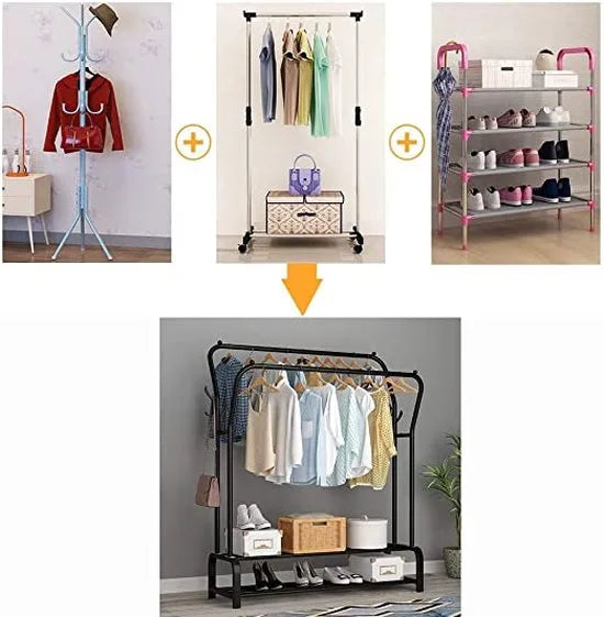 Kledingrek zwart metaal - Kleding rek metaal met kledinghangers - Kledingrek dubbel met schoenenrek - Opbergrek voor kleding - Garderoberek met 2 kledingstangen - Kledingrek met haken - Kledingrek/Garderoberek staand 150 x 110 x 33 CM
