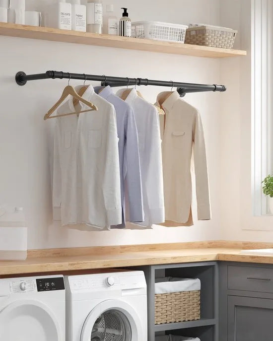 Kledingstang voor aan de muur, wandgarderobe, industrieel, ruimtebesparend, 30,4 x 170 x 7 cm, 68 kg draagvermogen, eenvoudige montage, voor kleine ruimtes, zwart