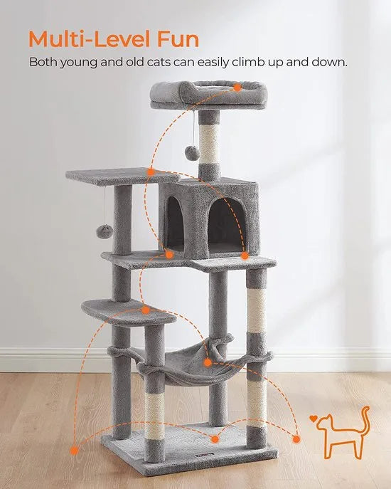 Krabpaal met Hangmat - Hoogwaardige Kwaliteit - Kattenboom - Poezen - Katten - Kattenliefhebbers - 143 CM - Lichtgrijs