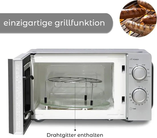 KUMTEL - 2 in 1 magnetron met grill - 20 liter - 8 standen - glazen draaiplateau - tijdgestuurde ontdooifunctie - gemakkelijk te reinigen binnenovenruimte - 30,1 x 31,1 x 20,2 cm - zilver