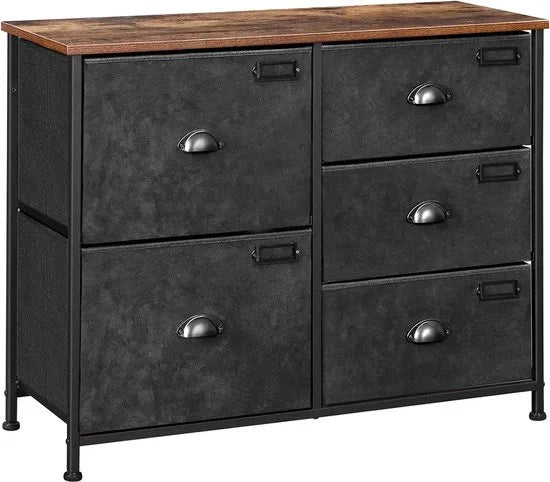 Ladekast, kast met 5 stoffen laden, stalen frame, voor woonkamer, slaapkamer, hal, vintage bruin-zwart LVT05H