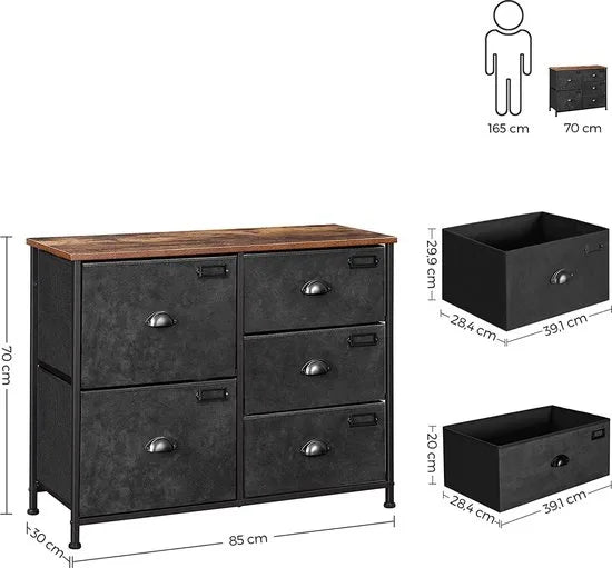 Ladekast, kast met 5 stoffen laden, stalen frame, voor woonkamer, slaapkamer, hal, vintage bruin-zwart LVT05H