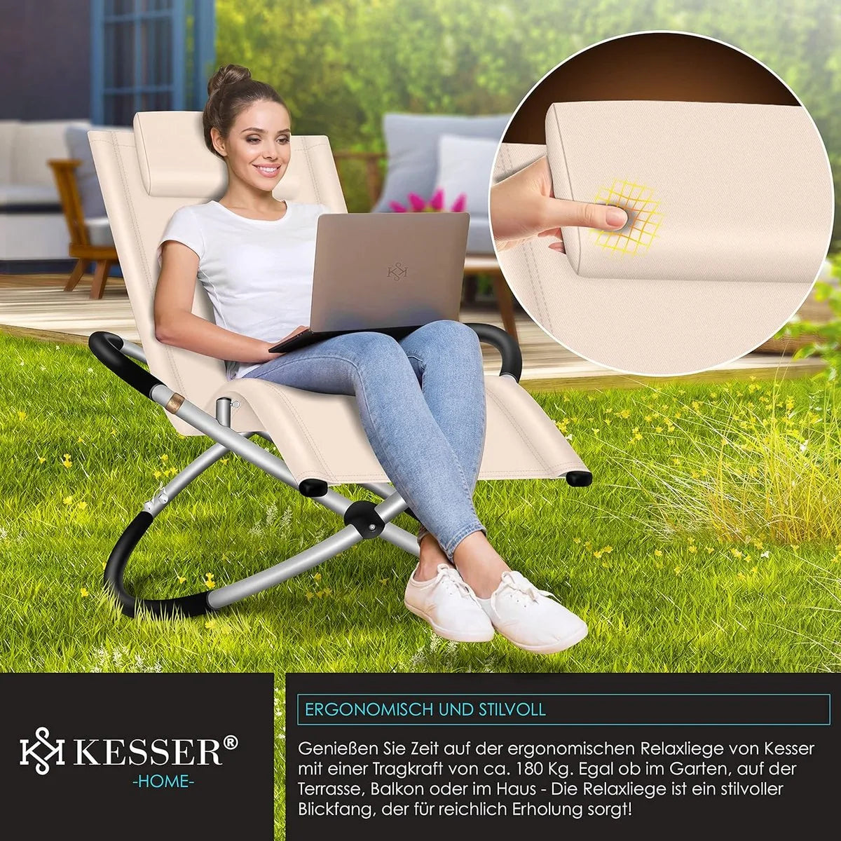 Ligbed - Ligstoel - Tuinstoel - Weerbestendig - Klapstoel - Inclusief Tas En Hoes - Maximaal 180 Kg - Grijs . – Beige