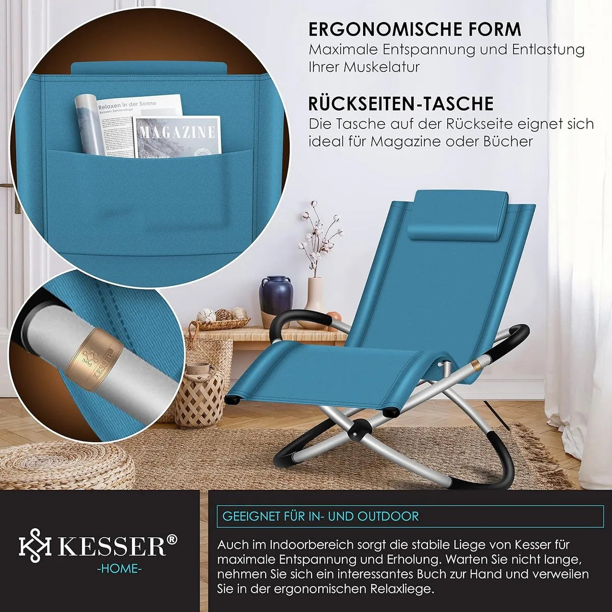 Ligbed - Ligstoel - Tuinstoel - Weerbestendig - Klapstoel - Inclusief Tas En Hoes - Maximaal 180 Kg - Grijs . – Blauw