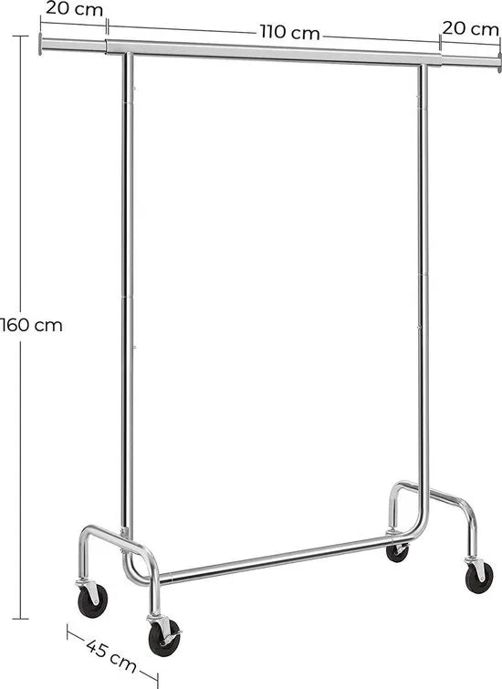 metalen kapstok max. belasting 130 kg, kast op wielen, lengte 110-150 cm Verchroomd HSR11S-Metalen kledingrek