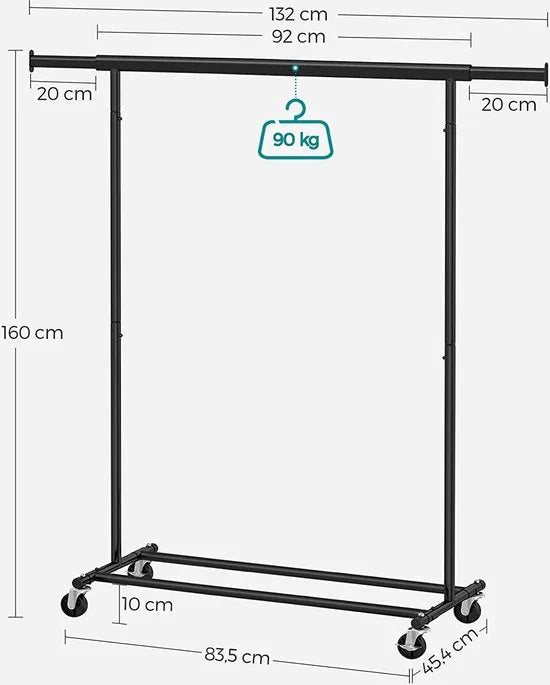 MIRA Home - Kledingrek Zwart - Verstelbaar - Ruimtebesparend - Modern Design - (92-132) x 45,4 x 160 cm