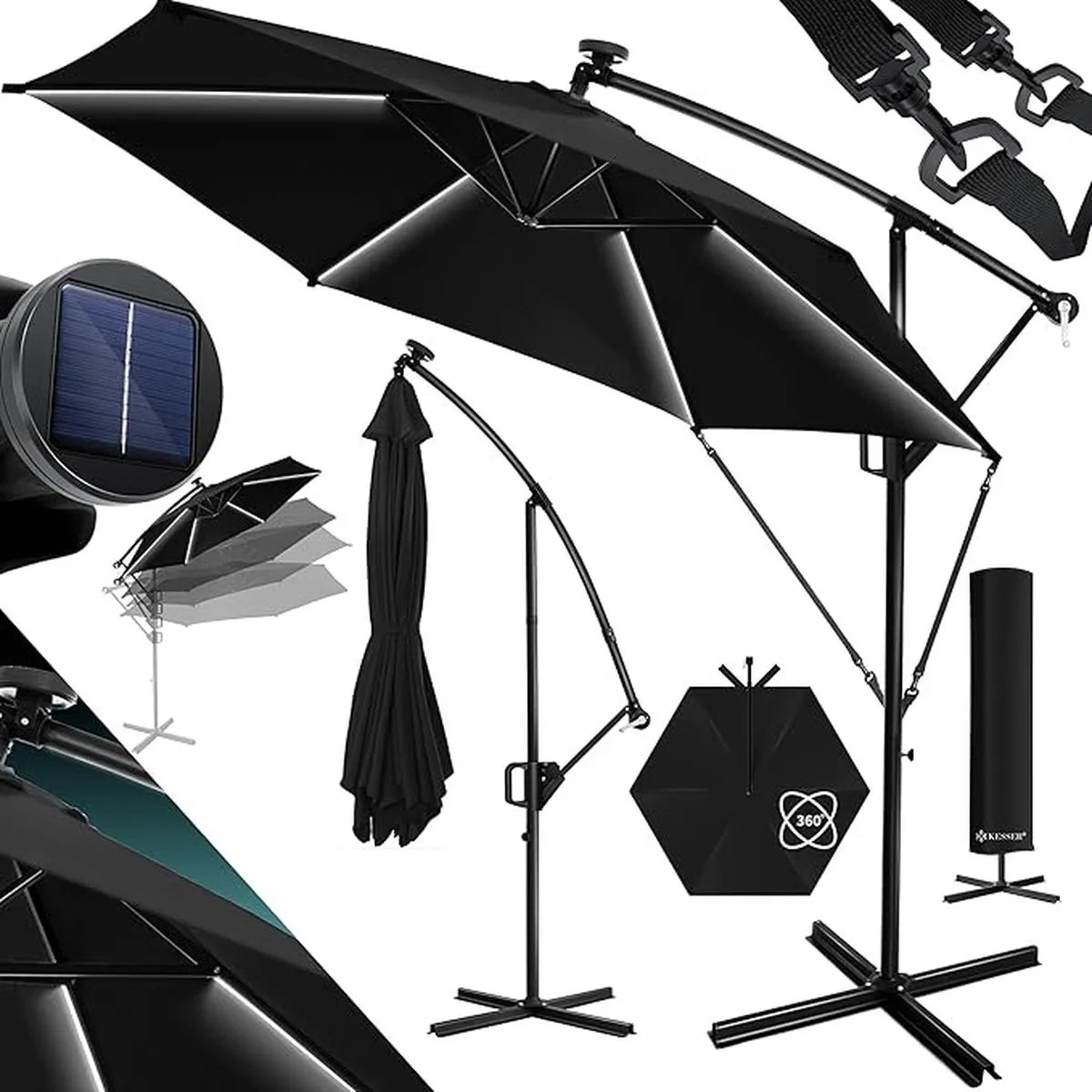 Parasol - aluminium drijvende parasol met hoes - Windscherm met slinger - UV-bescherming aluminium met aan/uit-schakelaar - waterbestendig - parasoltuin - paraplumarktscherm - Lichtgroen – Zwart