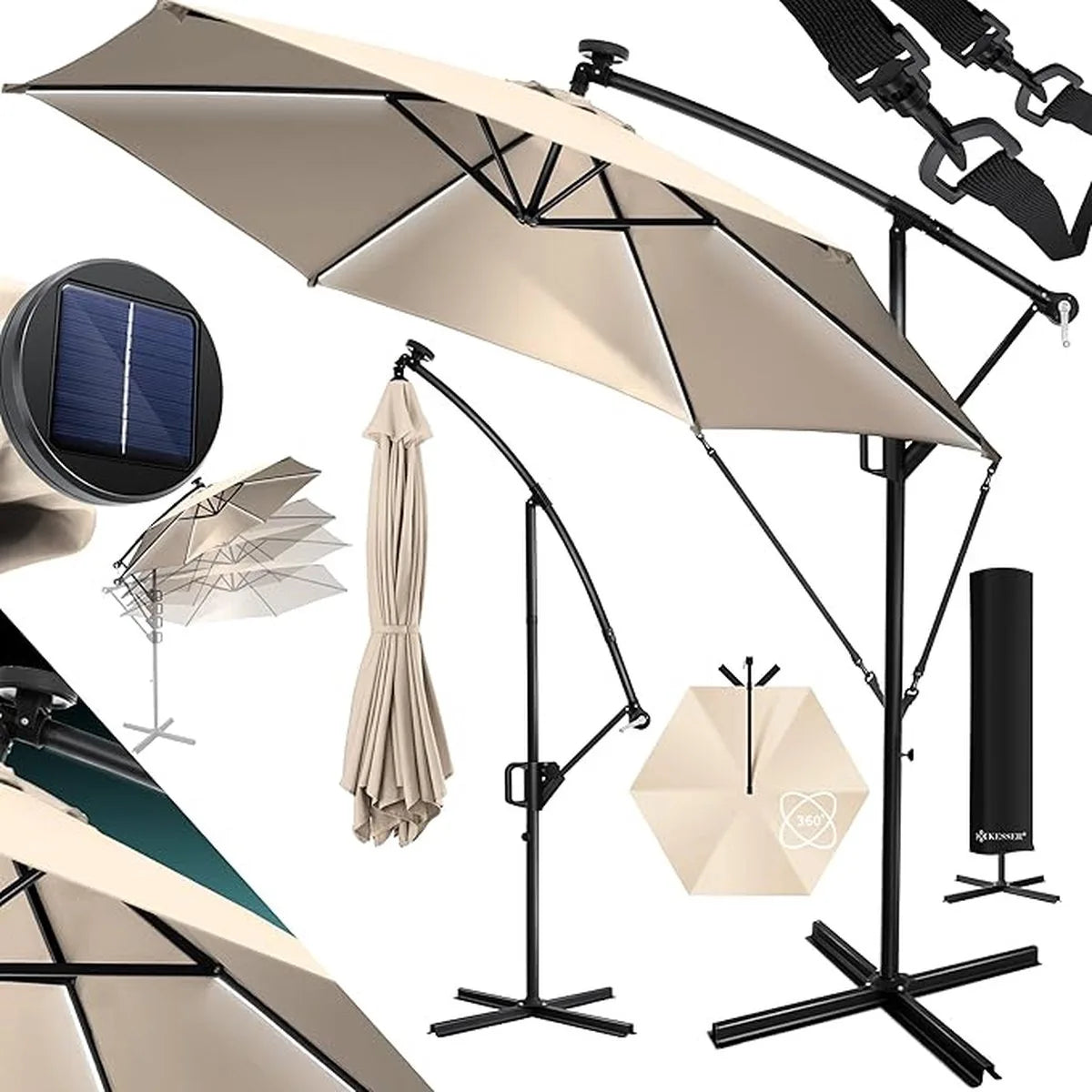 Parasol - aluminium drijvende parasol met hoes - Windscherm met slinger - UV-bescherming aluminium met aan/uit-schakelaar - waterbestendig - parasoltuin - paraplumarktscherm - Lichtgroen – Beige