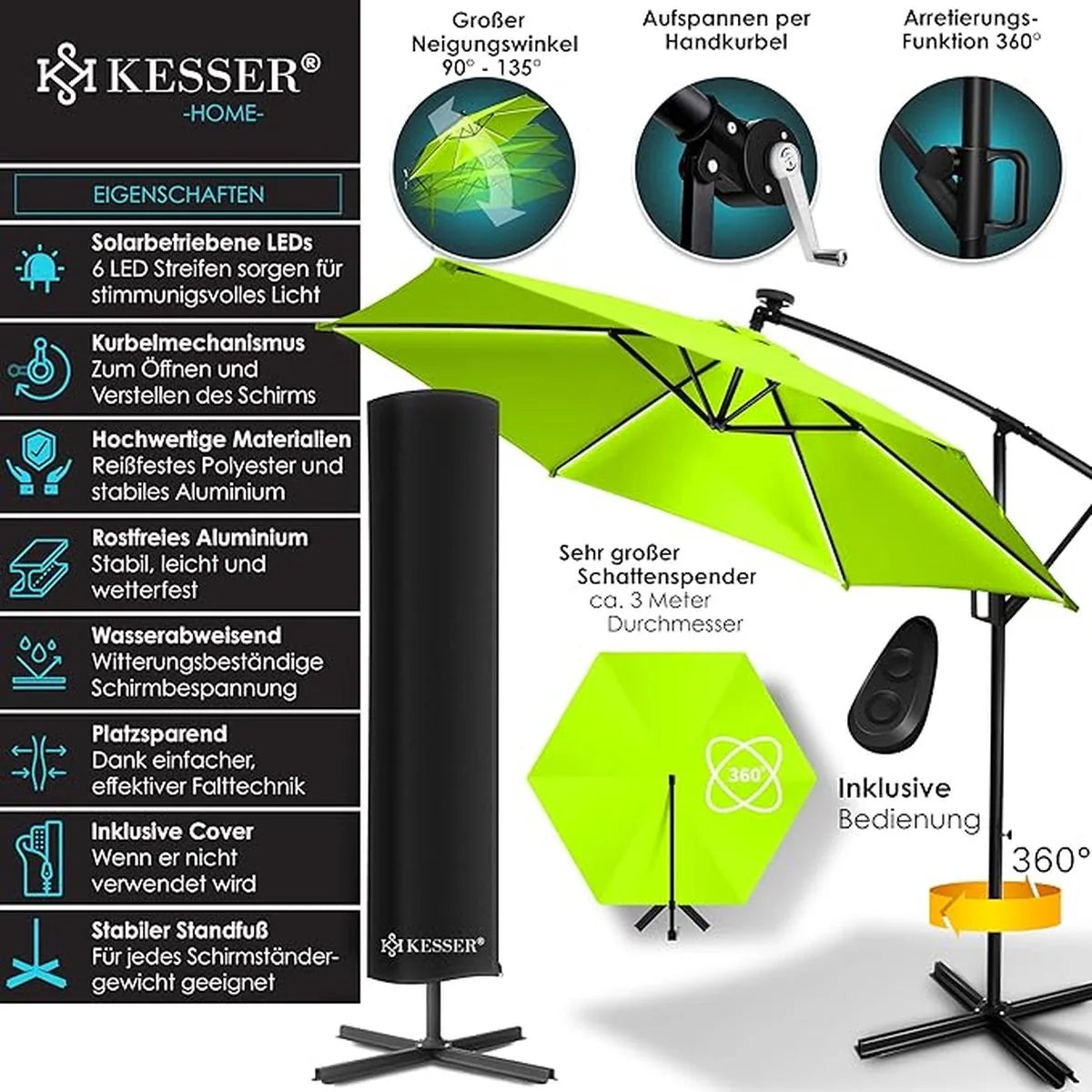Parasol - aluminium drijvende parasol met hoes - Windscherm met slinger - UV-bescherming aluminium met aan/uit-schakelaar - waterbestendig - parasoltuin - paraplumarktscherm - Lichtgroen