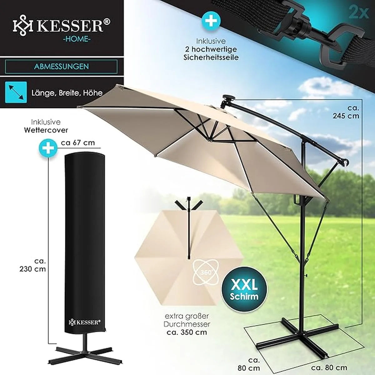 Parasol - aluminium drijvende parasol met hoes - Windscherm met slinger - UV-bescherming aluminium met aan/uit-schakelaar - waterbestendig - parasoltuin - paraplumarktscherm - Lichtgroen – Beige