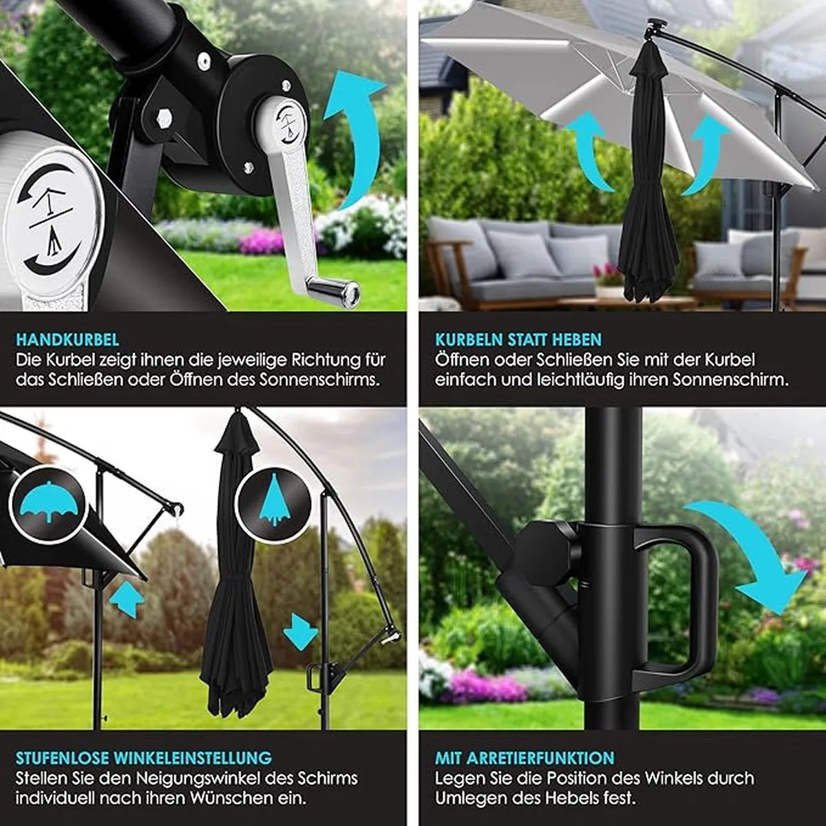Parasol - aluminium drijvende parasol met hoes - Windscherm met slinger - UV-bescherming aluminium met aan/uit-schakelaar - waterbestendig - parasoltuin - paraplumarktscherm - Lichtgroen – Zwart