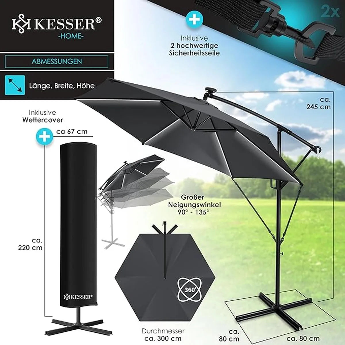 Parasol - aluminium drijvende parasol met hoes - Windscherm met slinger - UV-bescherming aluminium met aan/uit-schakelaar - waterbestendig - parasoltuin - paraplumarktscherm - Anthrazit