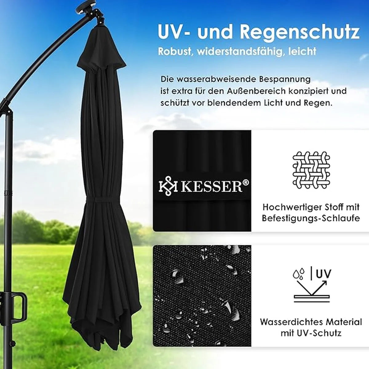 Parasol - aluminium drijvende parasol met hoes - Windscherm met slinger - UV-bescherming aluminium met aan/uit-schakelaar - waterbestendig - parasoltuin - paraplumarktscherm - Lichtgroen – Zwart
