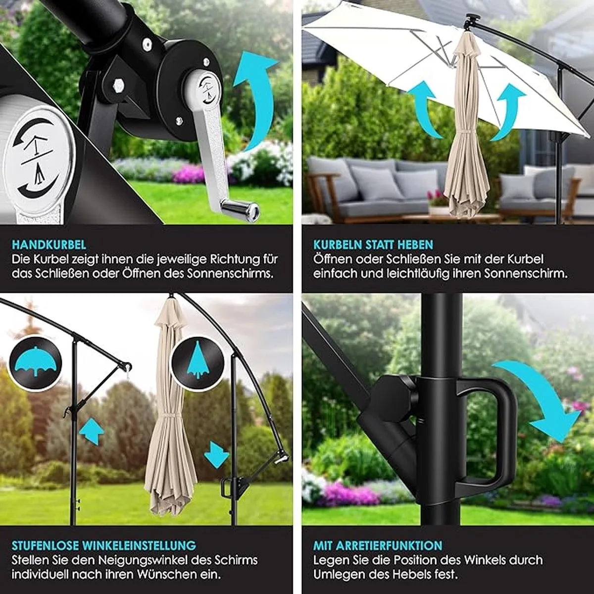 Parasol - aluminium drijvende parasol met hoes - Windscherm met slinger - UV-bescherming aluminium met aan/uit-schakelaar - waterbestendig - parasoltuin - paraplumarktscherm - Lichtgroen – Beige