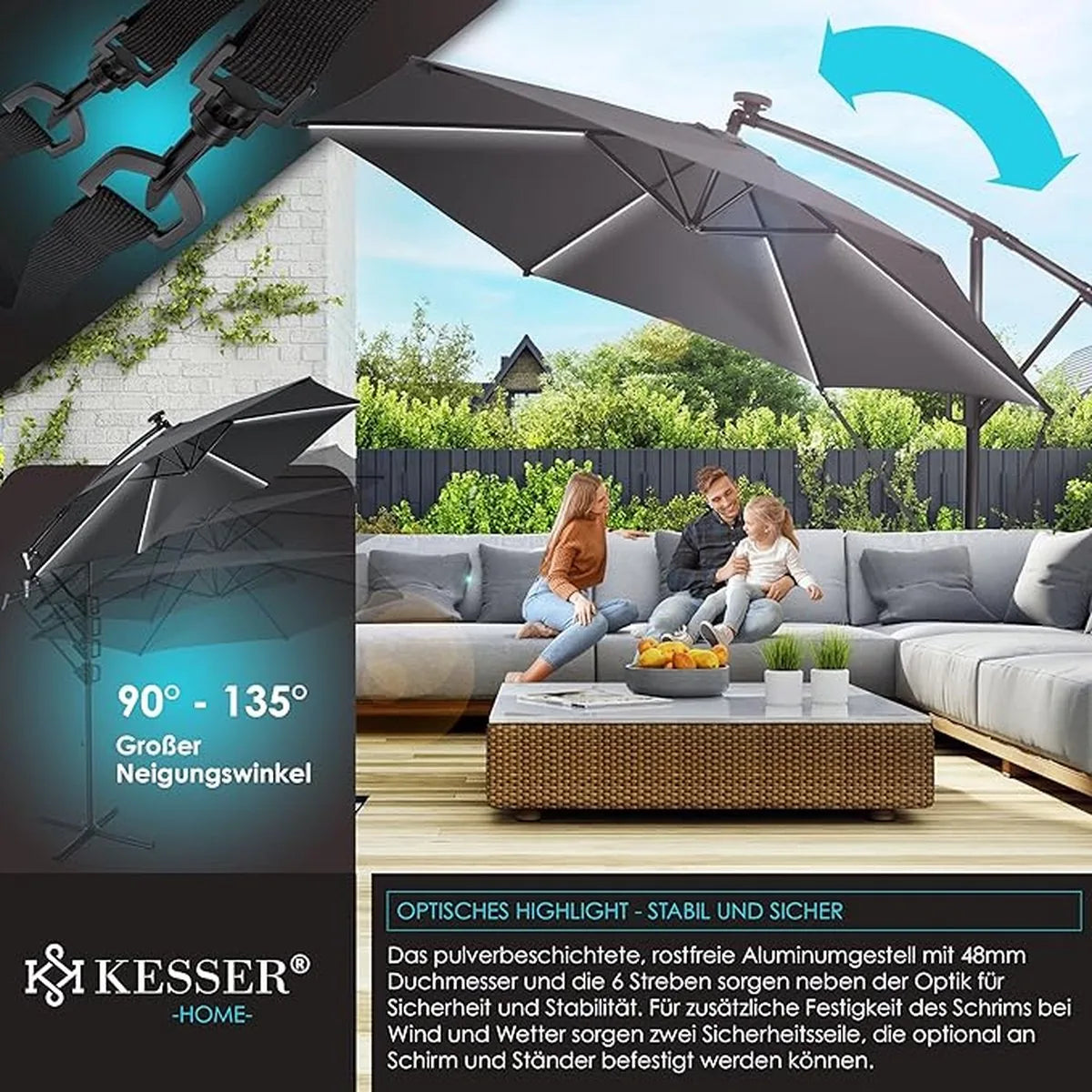 Parasol - aluminium drijvende parasol met hoes - Windscherm met slinger - UV-bescherming aluminium met aan/uit-schakelaar - waterbestendig - parasoltuin - paraplumarktscherm - Lichtgroen – Anthrazit