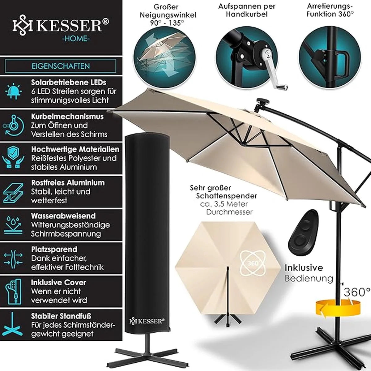 Parasol - aluminium drijvende parasol met hoes - Windscherm met slinger - UV-bescherming aluminium met aan/uit-schakelaar - waterbestendig - parasoltuin - paraplumarktscherm - Lichtgroen – Beige