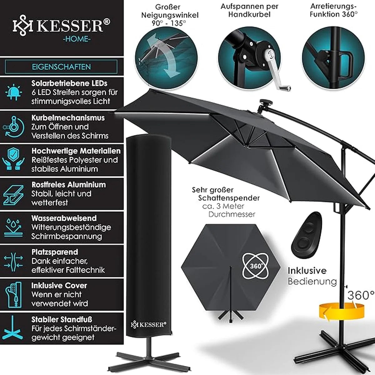 Parasol - aluminium drijvende parasol met hoes - Windscherm met slinger - UV-bescherming aluminium met aan/uit-schakelaar - waterbestendig - parasoltuin - paraplumarktscherm - Lichtgroen – Anthrazit