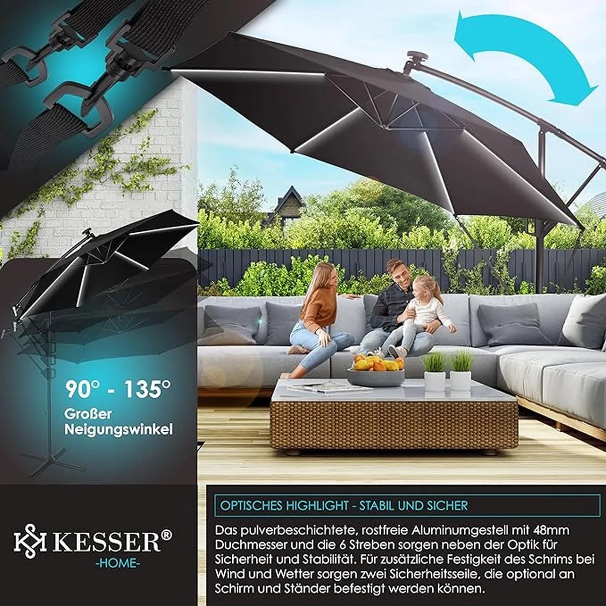 Parasol - aluminium drijvende parasol met hoes - Windscherm met slinger - UV-bescherming aluminium met aan/uit-schakelaar - waterbestendig - parasoltuin - paraplumarktscherm - Lichtgroen – Zwart