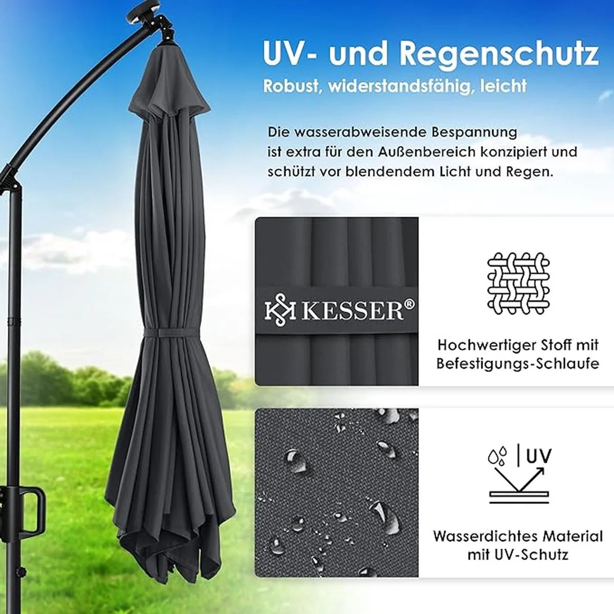 Parasol - aluminium drijvende parasol met hoes - Windscherm met slinger - UV-bescherming aluminium met aan/uit-schakelaar - waterbestendig - parasoltuin - paraplumarktscherm - Anthrazit