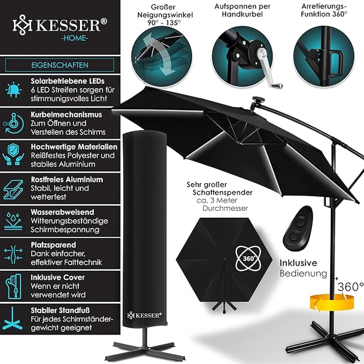 Parasol - aluminium drijvende parasol met hoes - Windscherm met slinger - UV-bescherming aluminium met aan/uit-schakelaar - waterbestendig - parasoltuin - paraplumarktscherm - Lichtgroen – Zwart