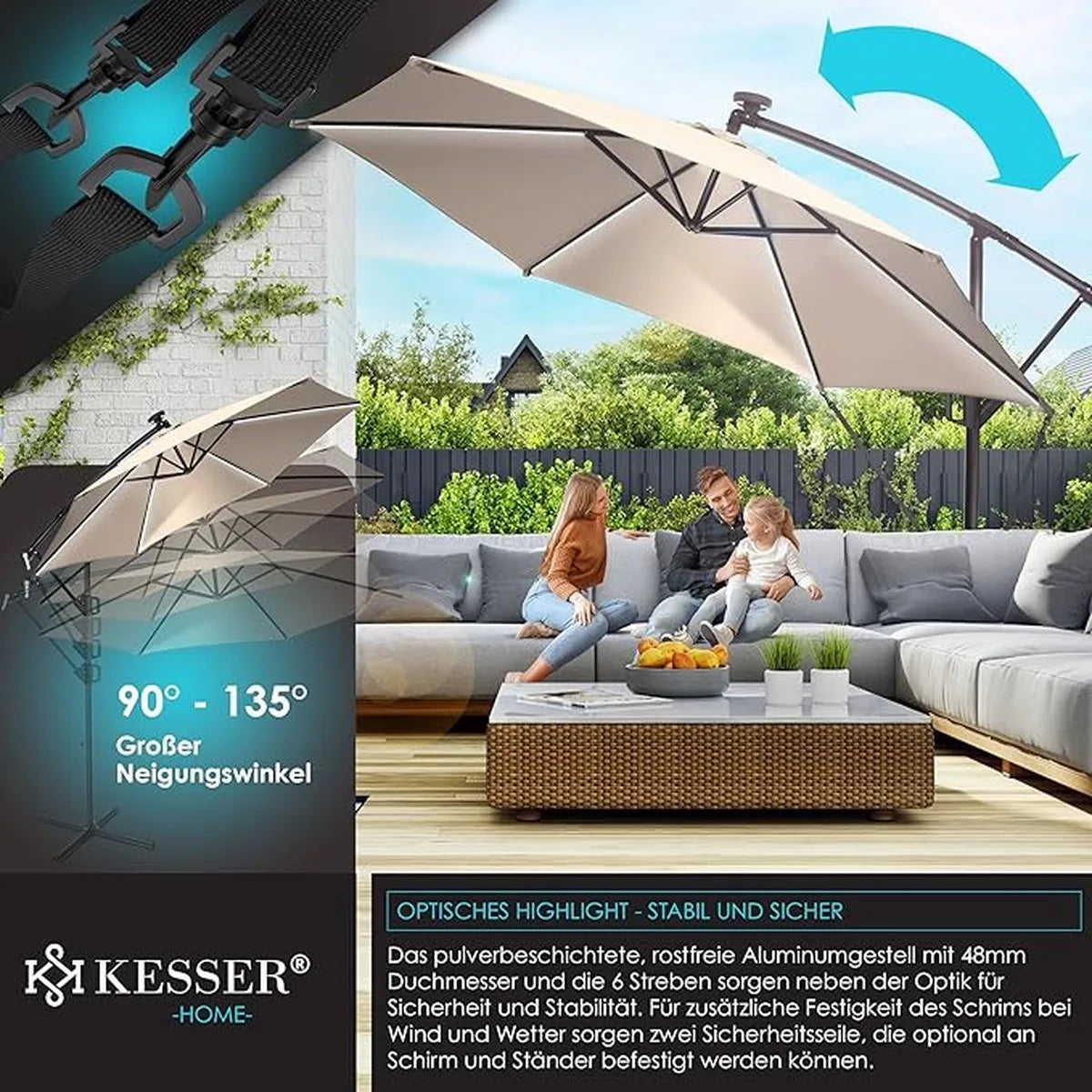 Parasol - aluminium drijvende parasol met hoes - Windscherm met slinger - UV-bescherming aluminium met aan/uit-schakelaar - waterbestendig - parasoltuin - paraplumarktscherm - Lichtgroen – Beige