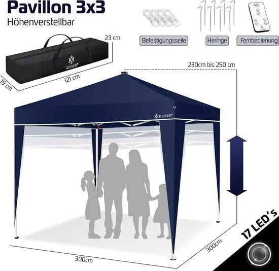Partytent - Paviljoen - Tuintent - Partytent Opvouwbaar - 3x3 M - Easy Up - Vouwtent - Met Draagtas - Zwart – Marineblauw