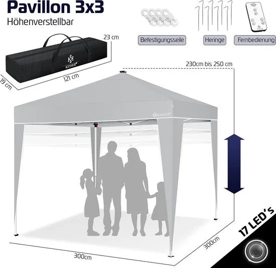 Partytent - Paviljoen - Tuintent - Partytent Opvouwbaar - 3x3 M - Easy Up - Vouwtent - Met Draagtas - Zwart – Lichtgrijs