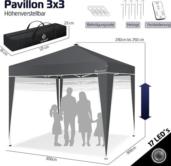 Partytent - Paviljoen - Tuintent - Partytent Opvouwbaar - 3x3 M - Easy Up - Vouwtent - Met Draagtas - Zwart – Zwart