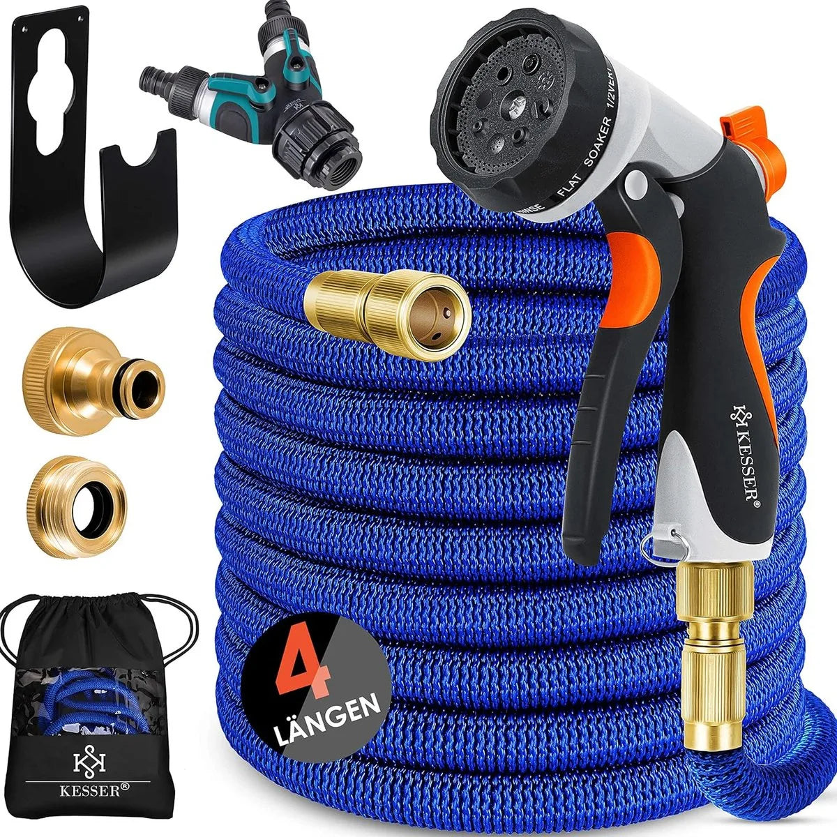 Premium tuinslang - verlengde muurbevestiging - flexibele waterslang met 3-weg - latex kern rekbaar - flexibele slangschroefverbindingen - gemaakt van hoogwaardig messing - 30 meter - Antraciet – Blauw (7196)