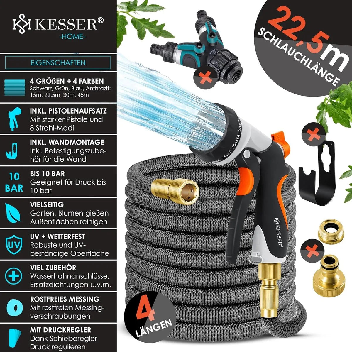 Premium tuinslang - verlengde muurbevestiging - flexibele waterslang met 3-weg - latex kern rekbaar - flexibele slangschroefverbindingen - gemaakt van hoogwaardig messing - 22,5 meter - Blauw – Model 3
