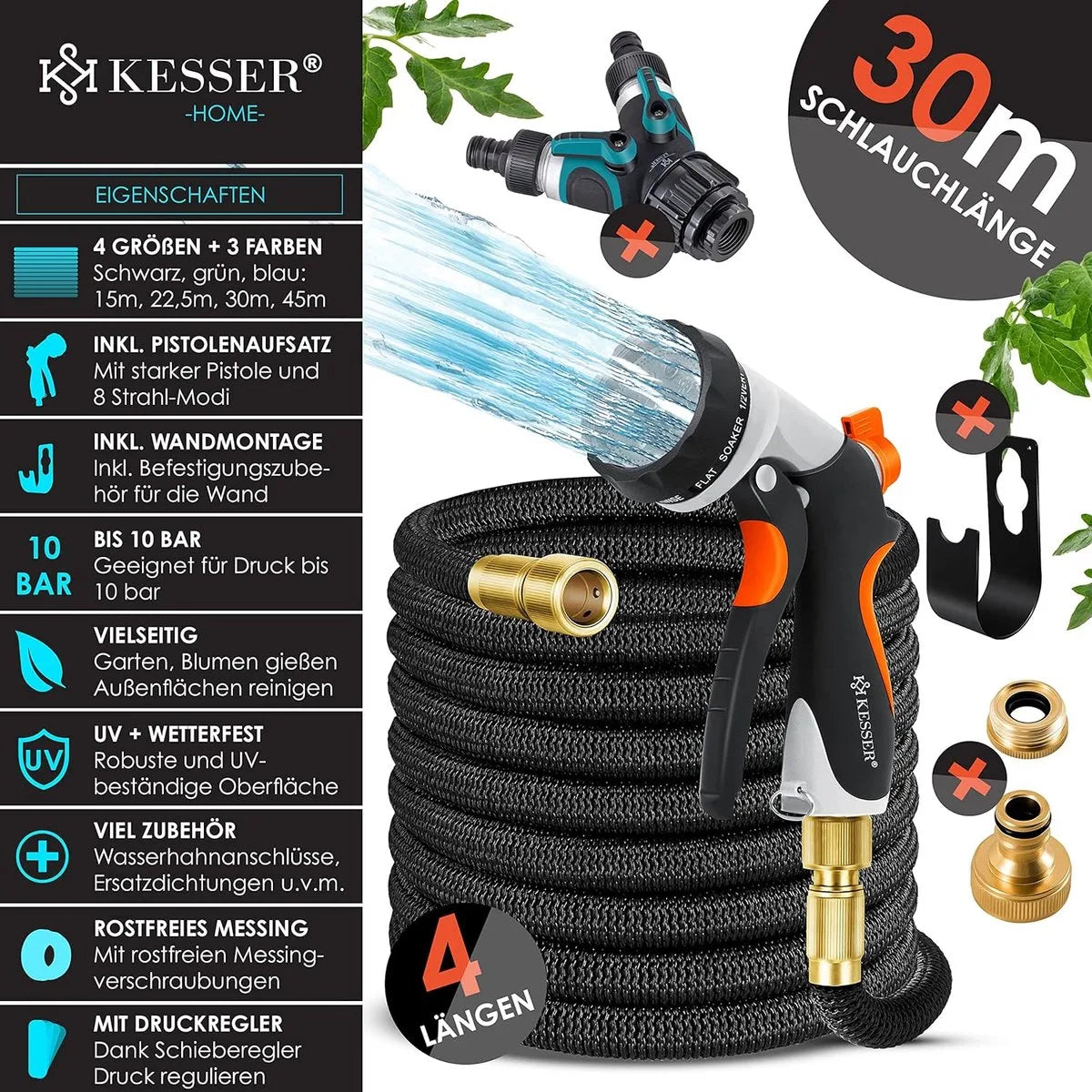 Premium tuinslang - verlengde muurbevestiging - flexibele waterslang met 3-weg - latex kern rekbaar - flexibele slangschroefverbindingen - gemaakt van hoogwaardig messing - 30 meter - Antraciet – Blauw (7202)