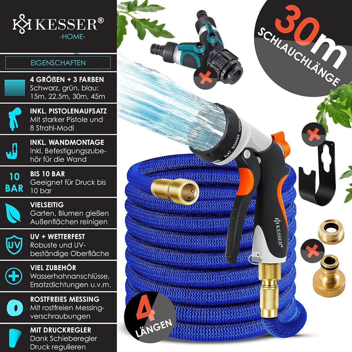 Premium tuinslang - verlengde muurbevestiging - flexibele waterslang met 3-weg - latex kern rekbaar - flexibele slangschroefverbindingen - gemaakt van hoogwaardig messing - 30 meter - Antraciet – Blauw (7196)