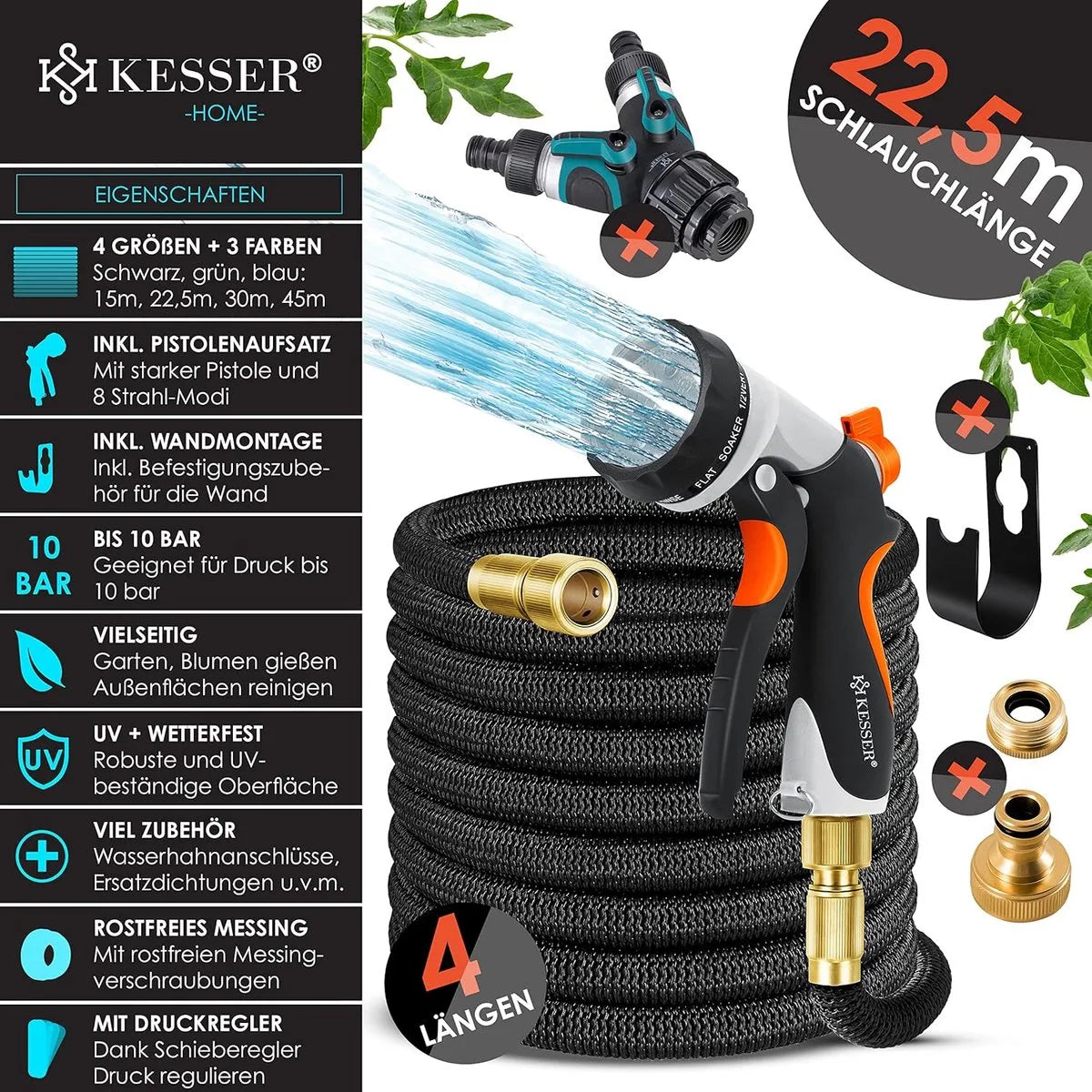 Premium tuinslang - verlengde muurbevestiging - flexibele waterslang met 3-weg - latex kern rekbaar - flexibele slangschroefverbindingen - gemaakt van hoogwaardig messing - 22,5 meter - Blauw – Zwart