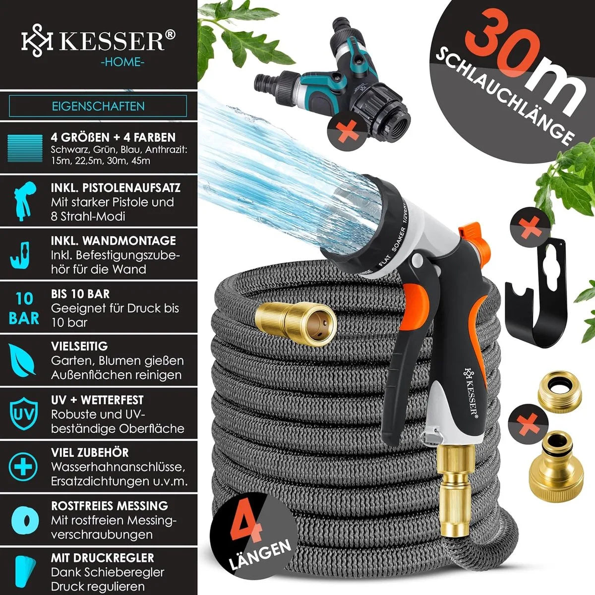 Premium tuinslang - verlengde muurbevestiging - flexibele waterslang met 3-weg - latex kern rekbaar - flexibele slangschroefverbindingen - gemaakt van hoogwaardig messing - 30 meter - Antraciet