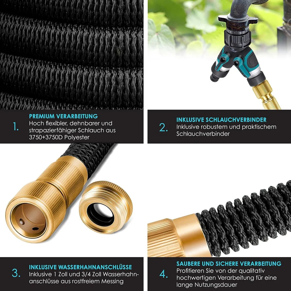 Premium tuinslang - verlengde muurbevestiging - flexibele waterslang met 3-weg - latex kern rekbaar - flexibele slangschroefverbindingen - gemaakt van hoogwaardig messing - 22,5 meter - Blauw – Zwart