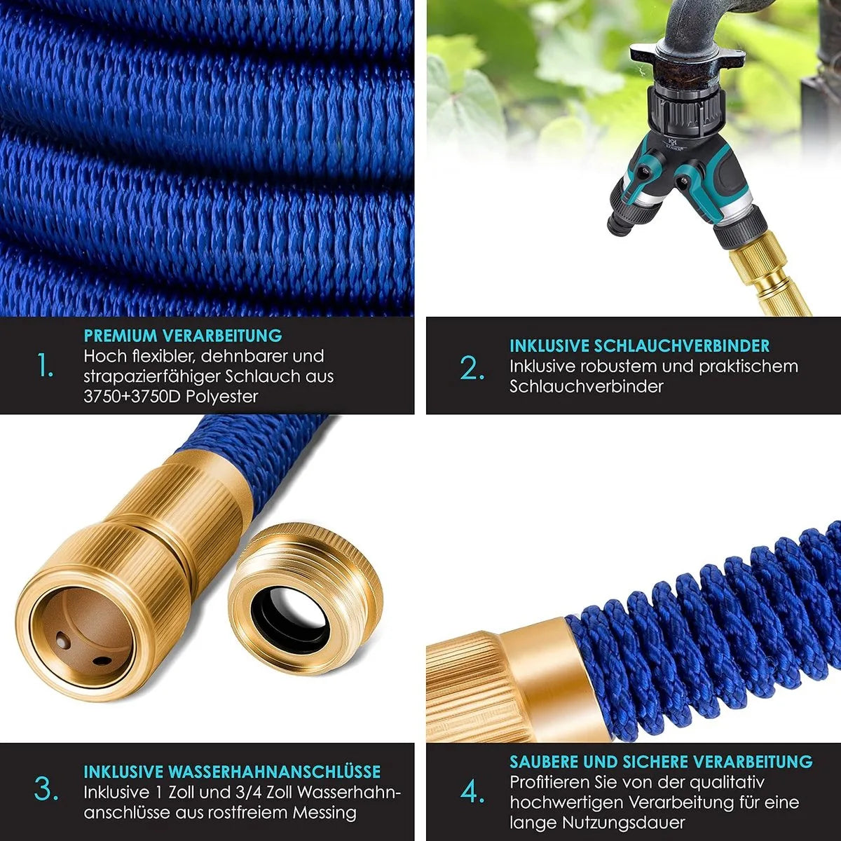 Premium tuinslang - verlengde muurbevestiging - flexibele waterslang met 3-weg - latex kern rekbaar - flexibele slangschroefverbindingen - gemaakt van hoogwaardig messing - 30 meter - Antraciet – Blauw (7196)