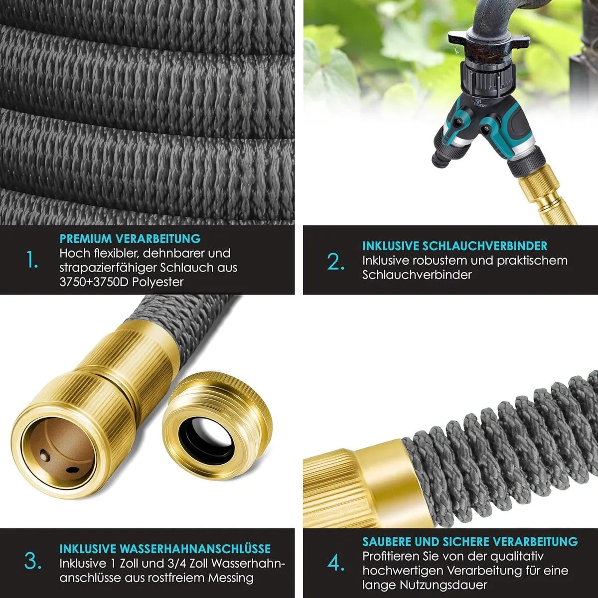 Premium tuinslang - verlengde muurbevestiging - flexibele waterslang met 3-weg - latex kern rekbaar - flexibele slangschroefverbindingen - gemaakt van hoogwaardig messing - 30 meter - Antraciet