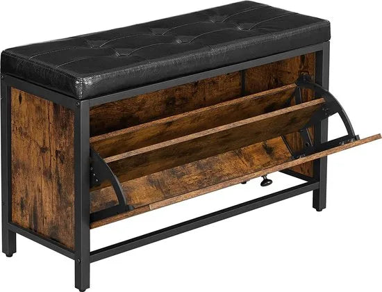 Schoenbank, gewatteerde schoenorganisatie met klep, schoenenkast voor 6 paar schoenen, stalen frame, industrieel ontwerp, vintage bruin-zwart LSB049B01