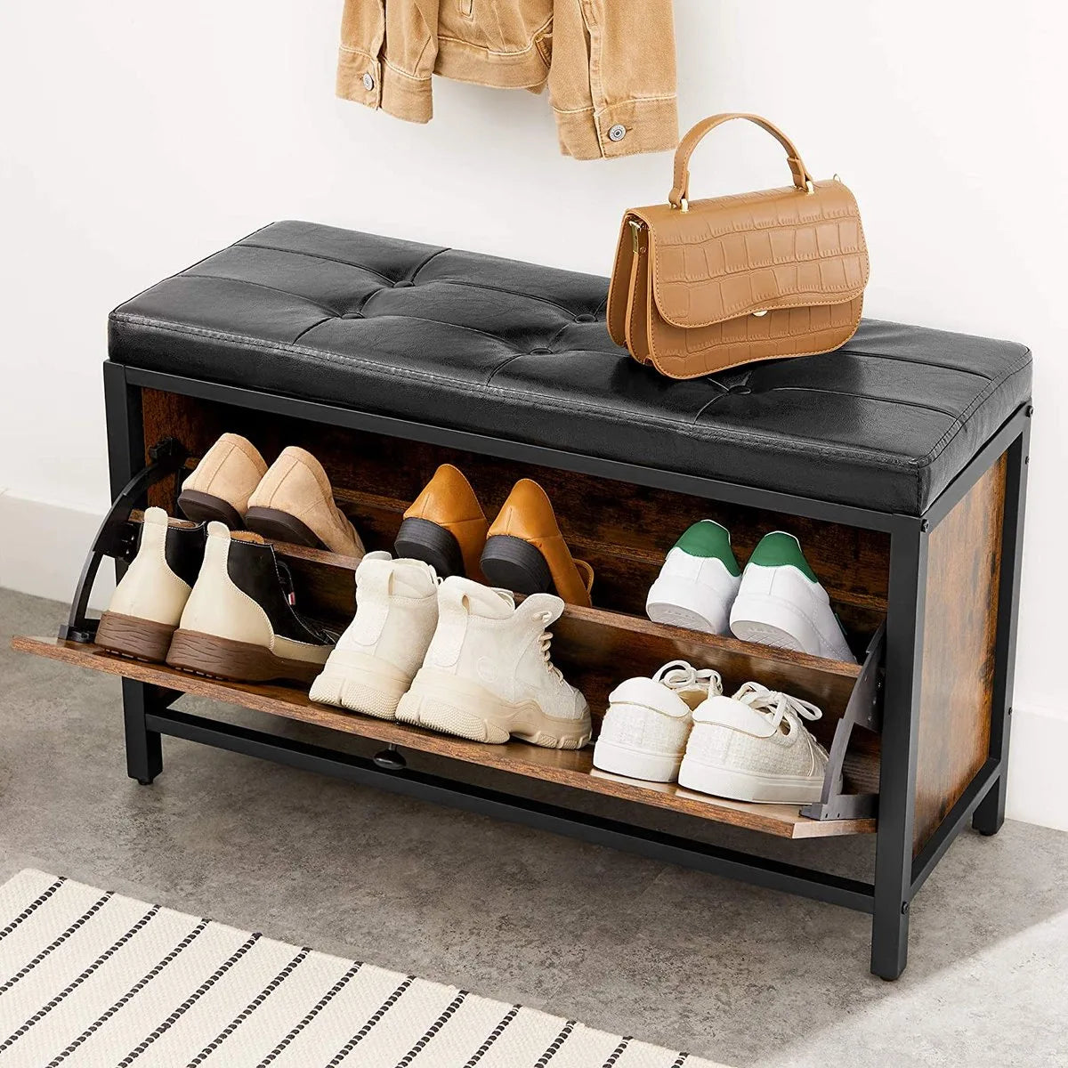 Schoenbank, gewatteerde schoenorganisatie met klep, schoenenkast voor 6 paar schoenen, stalen frame, industrieel ontwerp, vintage bruin-zwart LSB049B01