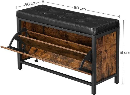 Schoenbank, gewatteerde schoenorganisatie met klep, schoenenkast voor 6 paar schoenen, stalen frame, industrieel ontwerp, vintage bruin-zwart LSB049B01