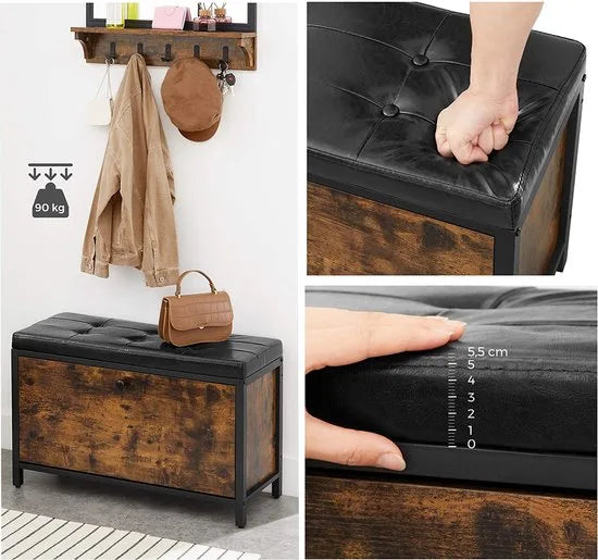 Schoenbank, gewatteerde schoenorganisatie met klep, schoenenkast voor 6 paar schoenen, stalen frame, industrieel ontwerp, vintage bruin-zwart LSB049B01