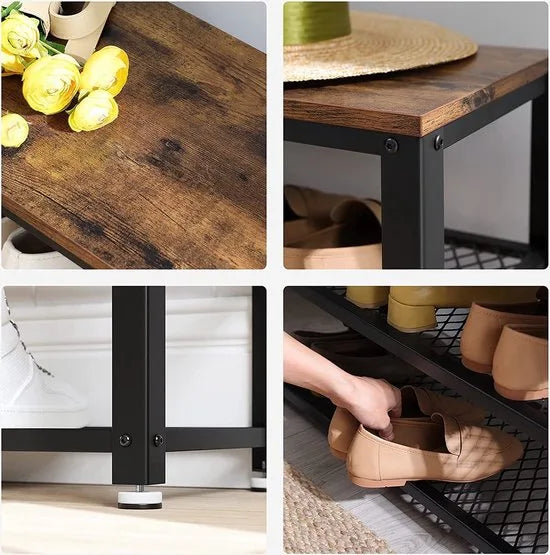 Schoenenrek in Hout en Metaal met Vintage Look - 73x30x45cm - Zwart / Bruin