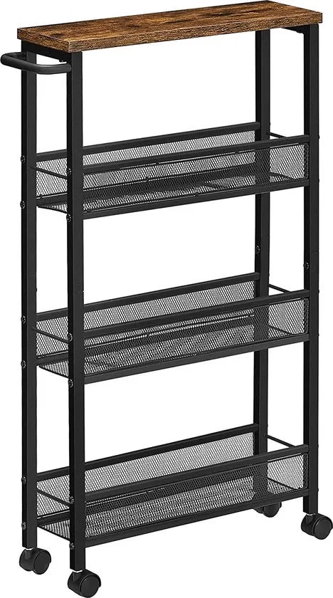 serveerwagen, verrijdbaar keukenrek, smal, keukenwagen, verrijdbare trolley, 360° zwenkwielen, metalen frame, voor keuken, woonkamer, kantoor aan huis, vintage bruin-zwart LRC032B01