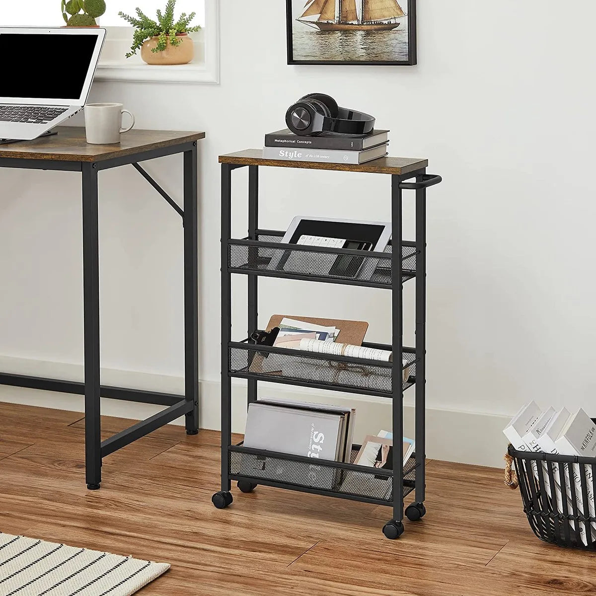 serveerwagen, verrijdbaar keukenrek, smal, keukenwagen, verrijdbare trolley, 360° zwenkwielen, metalen frame, voor keuken, woonkamer, kantoor aan huis, vintage bruin-zwart LRC032B01