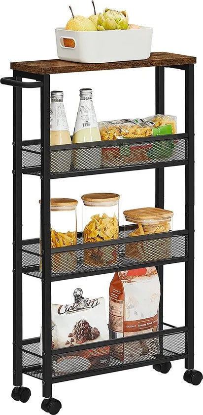 serveerwagen, verrijdbaar keukenrek, smal, keukenwagen, verrijdbare trolley, 360° zwenkwielen, metalen frame, voor keuken, woonkamer, kantoor aan huis, vintage bruin-zwart LRC032B01