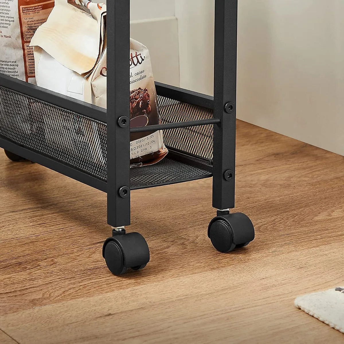 serveerwagen, verrijdbaar keukenrek, smal, keukenwagen, verrijdbare trolley, 360° zwenkwielen, metalen frame, voor keuken, woonkamer, kantoor aan huis, vintage bruin-zwart LRC032B01