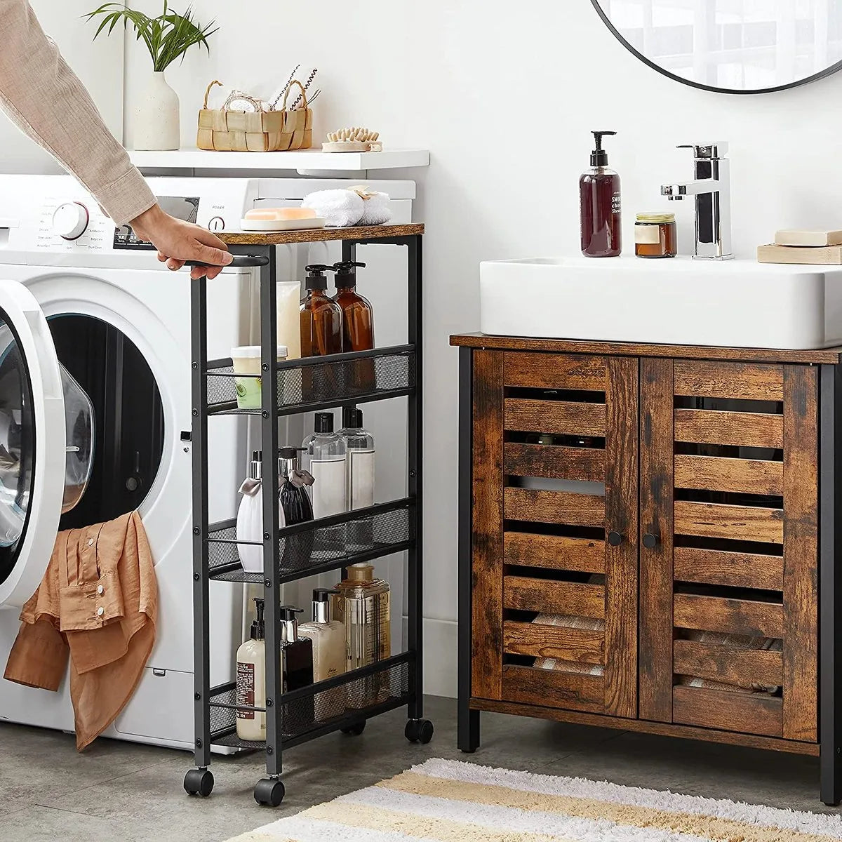 serveerwagen, verrijdbaar keukenrek, smal, keukenwagen, verrijdbare trolley, 360° zwenkwielen, metalen frame, voor keuken, woonkamer, kantoor aan huis, vintage bruin-zwart LRC032B01