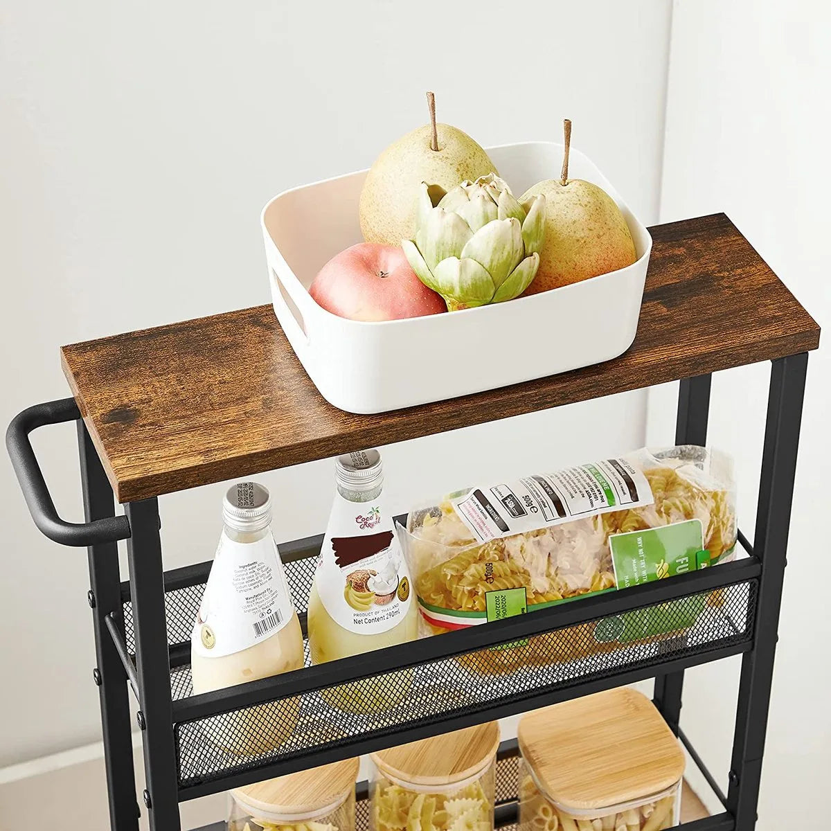 serveerwagen, verrijdbaar keukenrek, smal, keukenwagen, verrijdbare trolley, 360° zwenkwielen, metalen frame, voor keuken, woonkamer, kantoor aan huis, vintage bruin-zwart LRC032B01