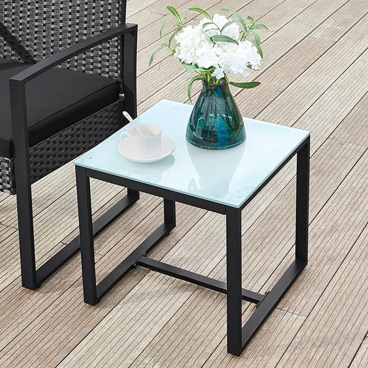 SONGMICS Balkonmeubilair, tuinset, gemaakt van PE polyrattan, loungeset, tafel en 2 stoelen, terrasmeubilair, eenvoudig te monteren, buiten, voor terras, balkon, tuin, zwart GGF010B05